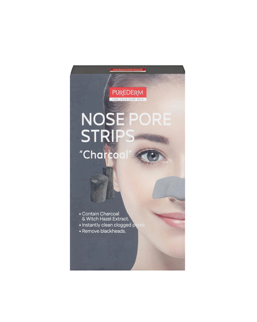 Box of Purederm nose pore strips with a model wearing the product on a white background