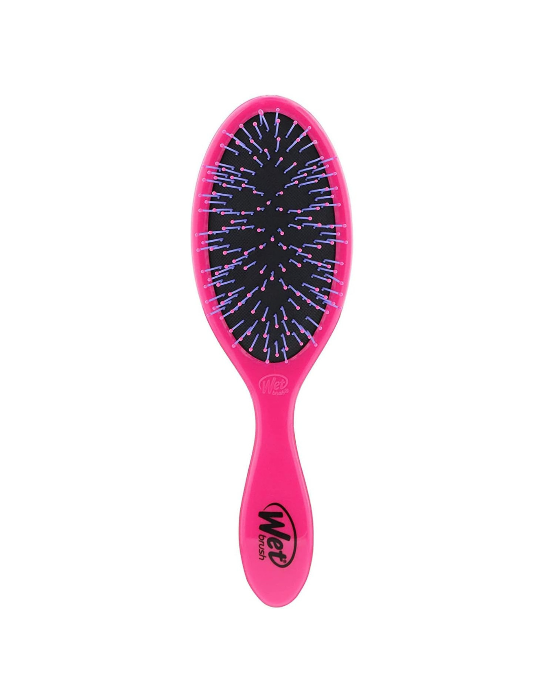 Pink hairbrush with black bristle head on a white background