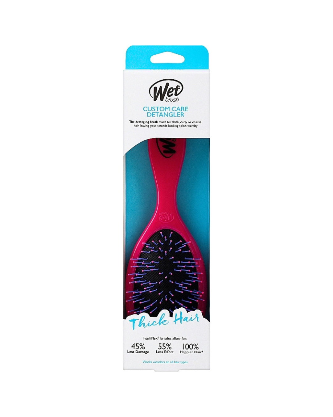 Package of a pink hairbrush with blue accents on a white background