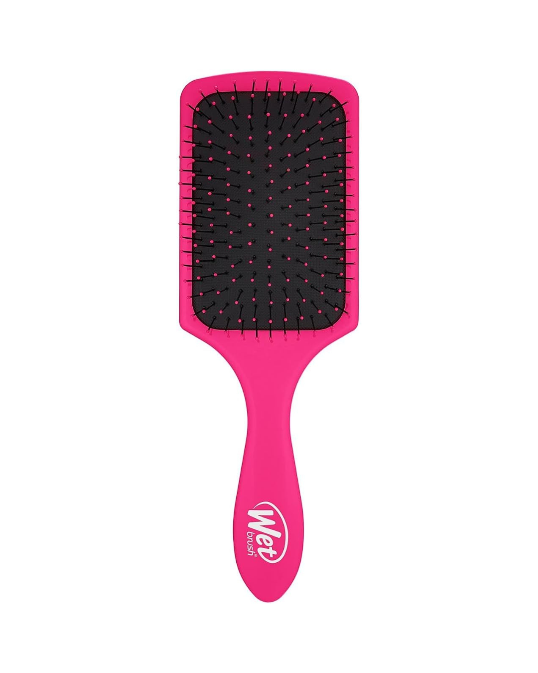 Pink hairbrush with black bristles on a white background