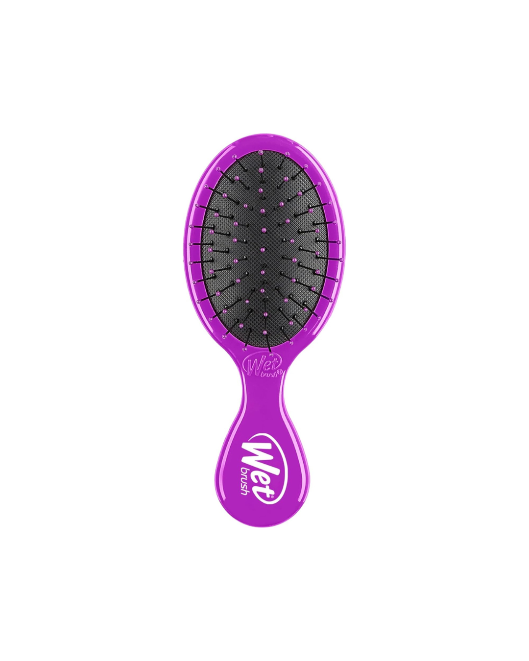 Purple hairbrush with black bristles on a white background