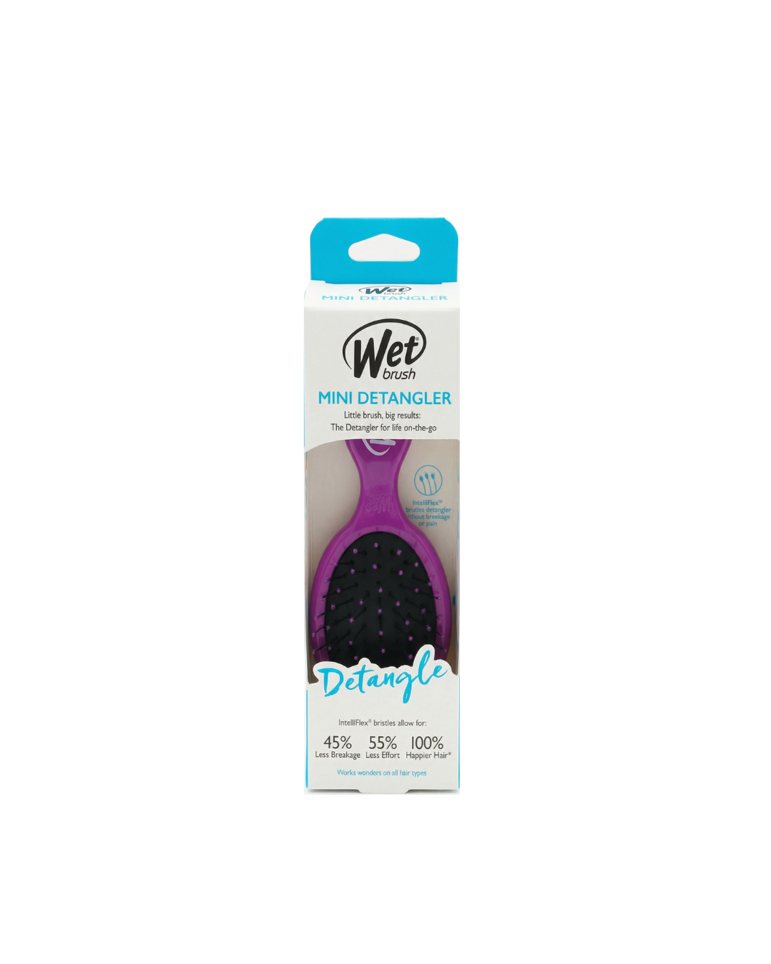 Purple mini detangler brush with packaging on a white background