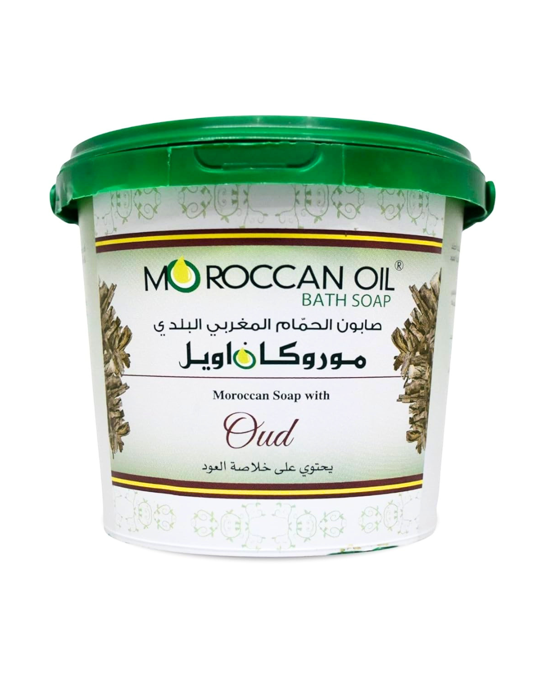 Moroccan Oil bath soap container with green lid on a white background