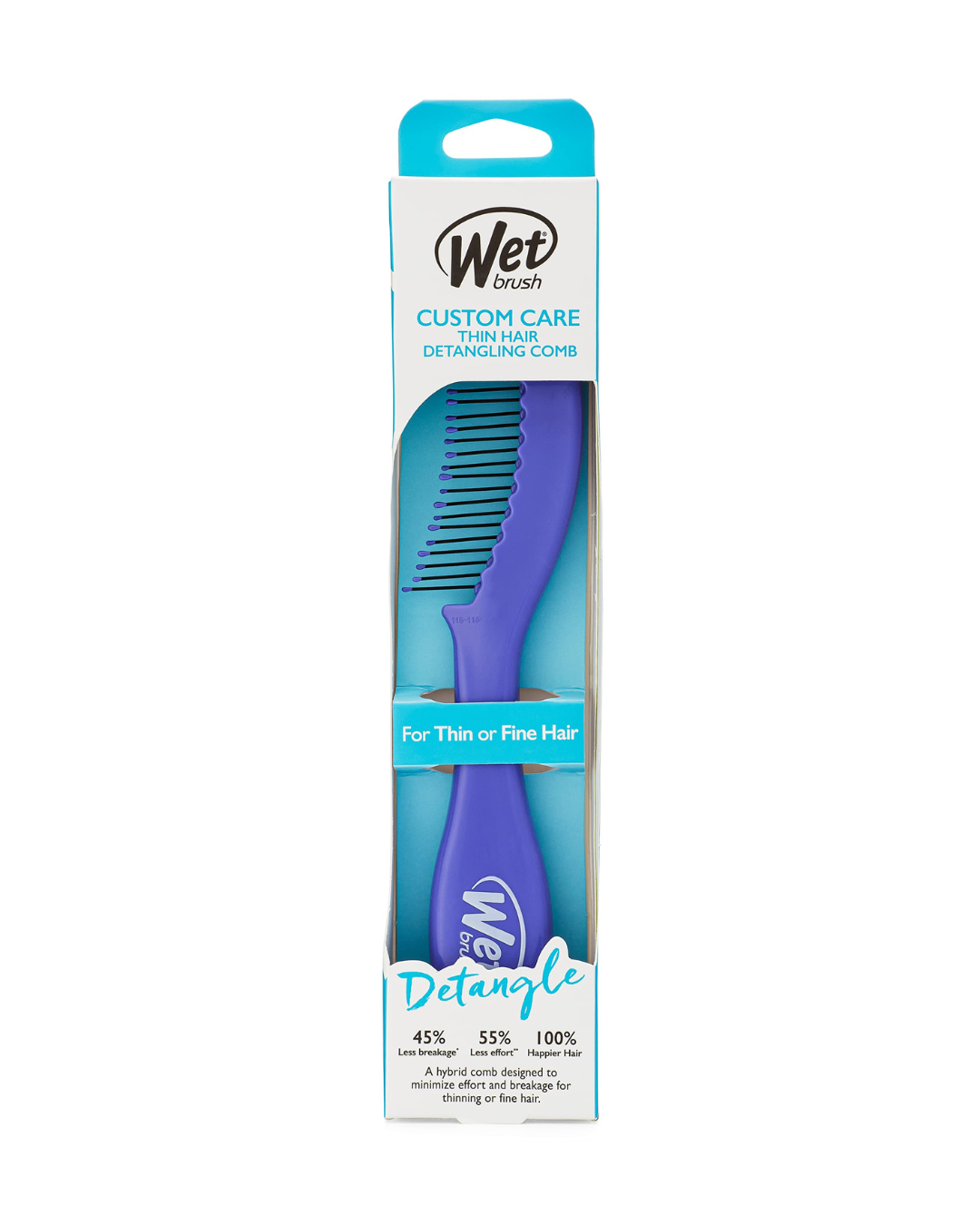 Purple detangling comb in Wet brush packaging on a white background