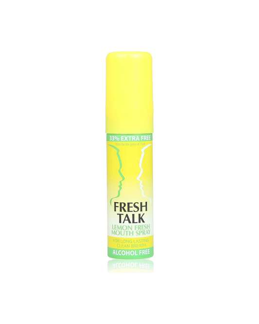 Yellow bottle of Fresh Talk Lemon Fresh mouthwash on a white background