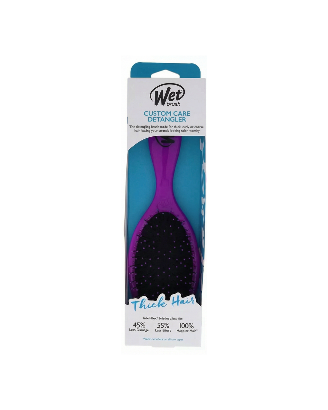 Detangling brush with packaging on a white background