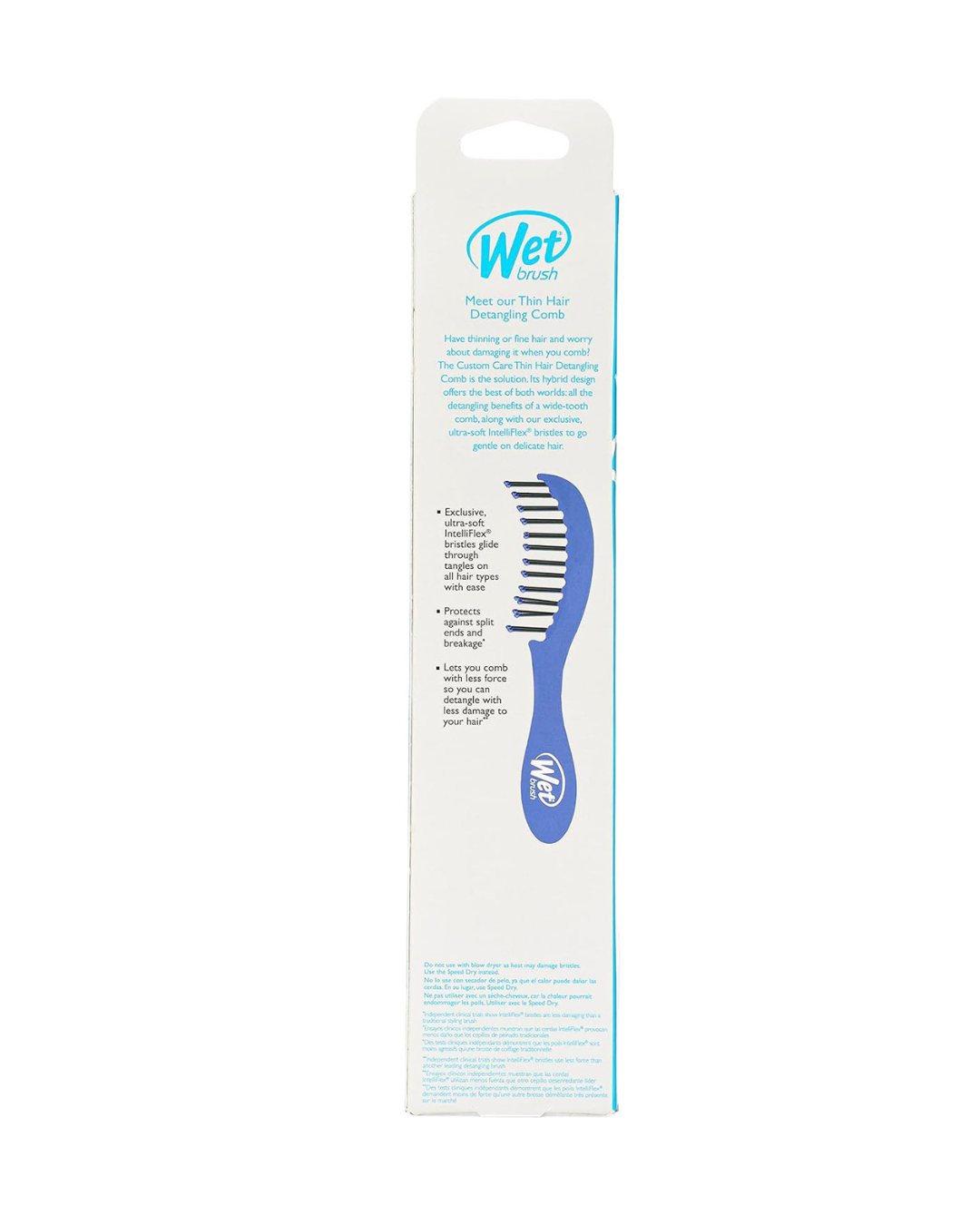 Blue comb in a 'Wet' branded packaging on a white background