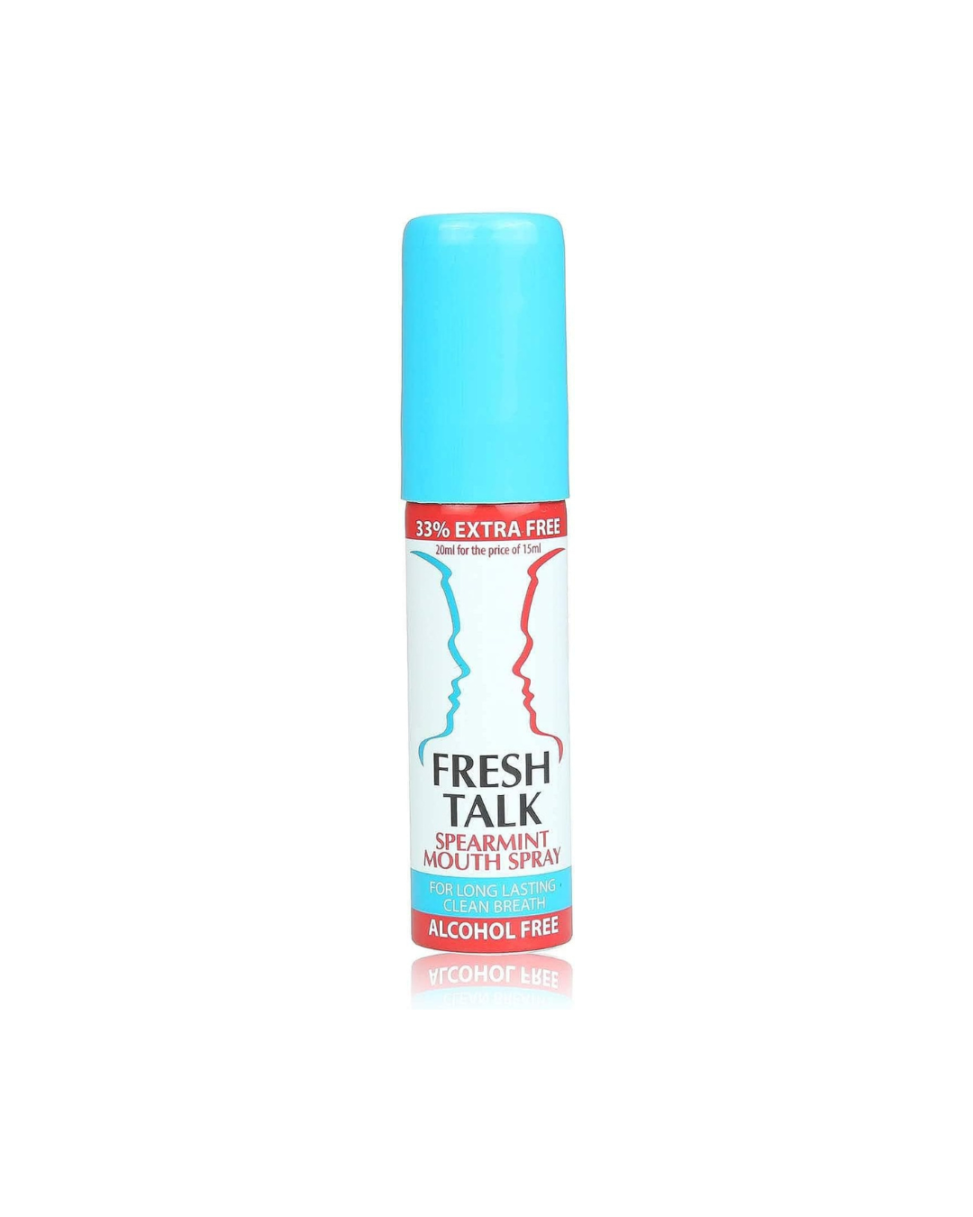 Blue bottle of Fresh Talk Spearmint mouthwash on a white background