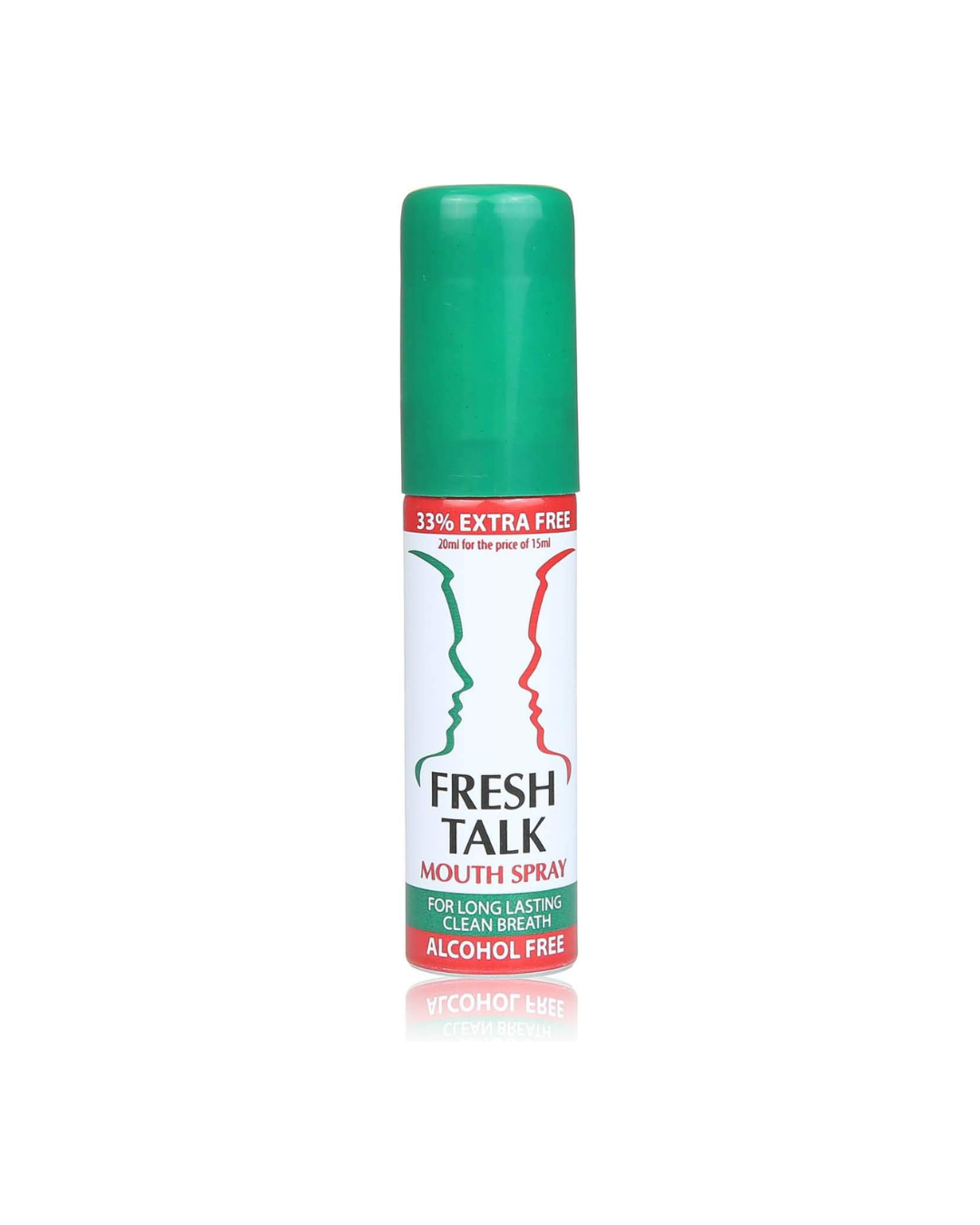 Green and white bottle of Fresh Talk mouth spray on a white background