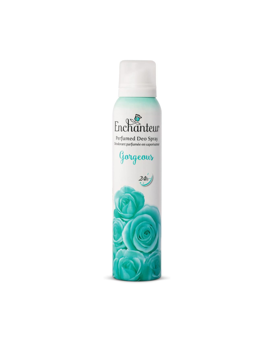 Enchanteur deodorant spray with teal roses on a white background