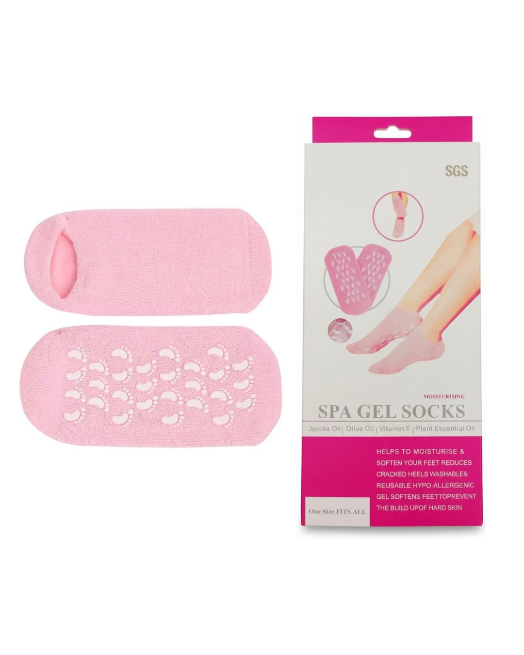 Pink spa gel socks with packaging on a white background