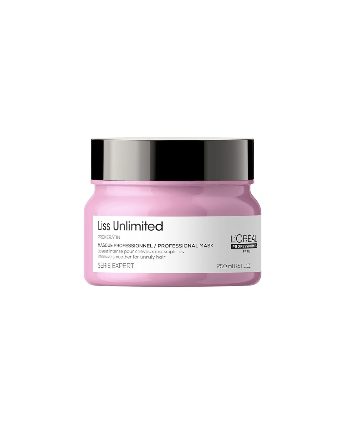 L'Oreal Liss Unlimited hair mask jar on a white background