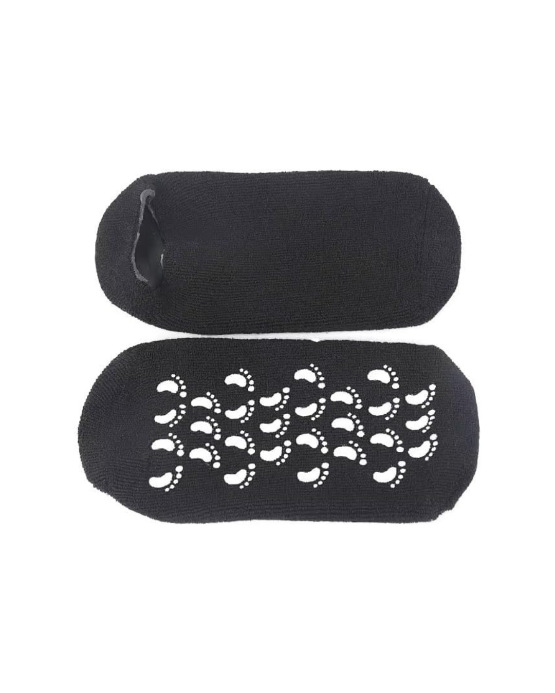 Two black socks with textured sole design on a white background