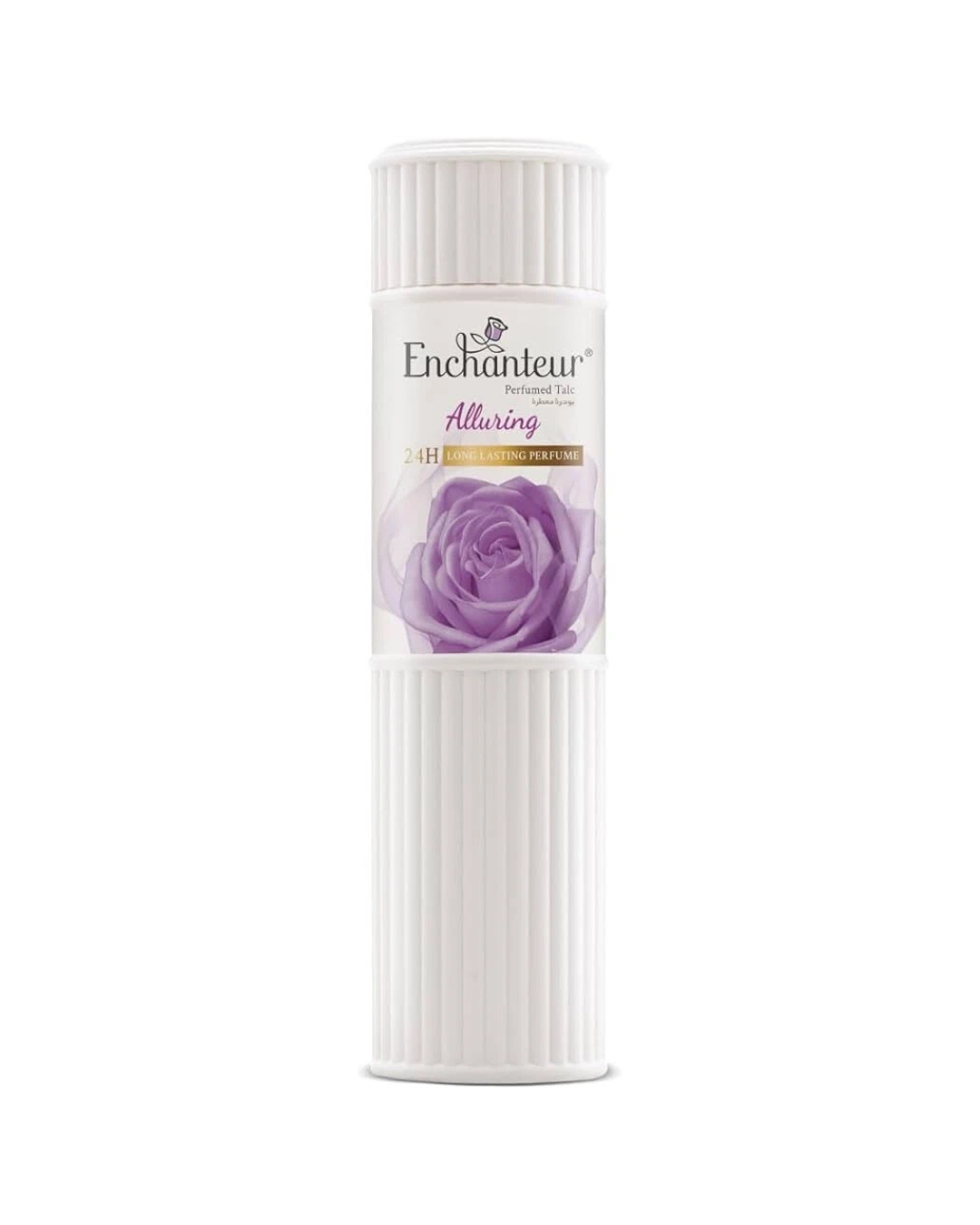 Enchanteur talc powder with a purple rose design on a white background