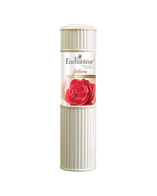 Enchanteur talc perfume bottle with a red rose on a white background