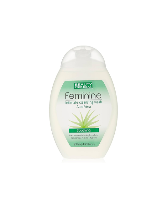 Feminine cleansing wash bottle with aloe vera label on a white background
