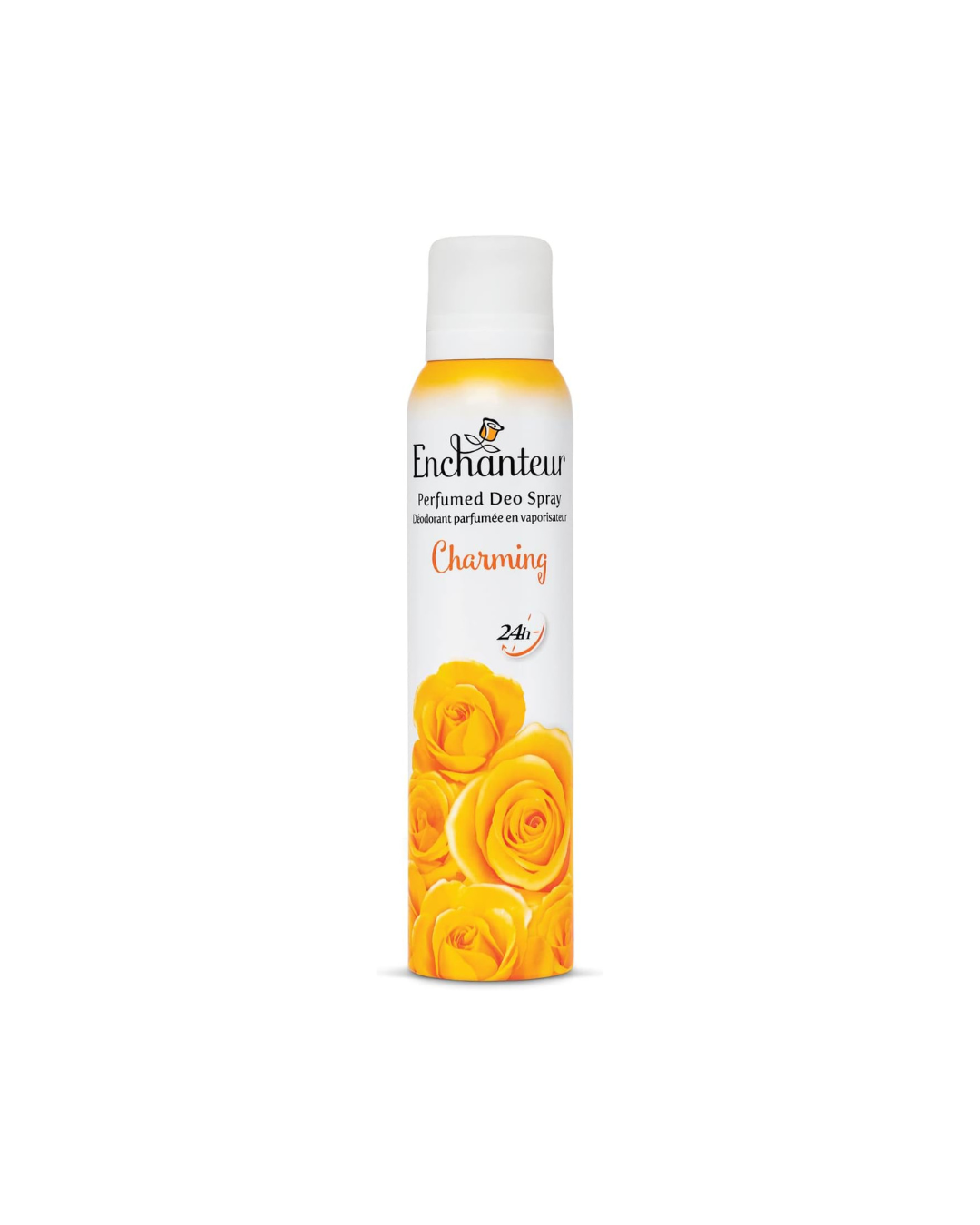 Enchanteur perfume deo spray with yellow roses on a white background