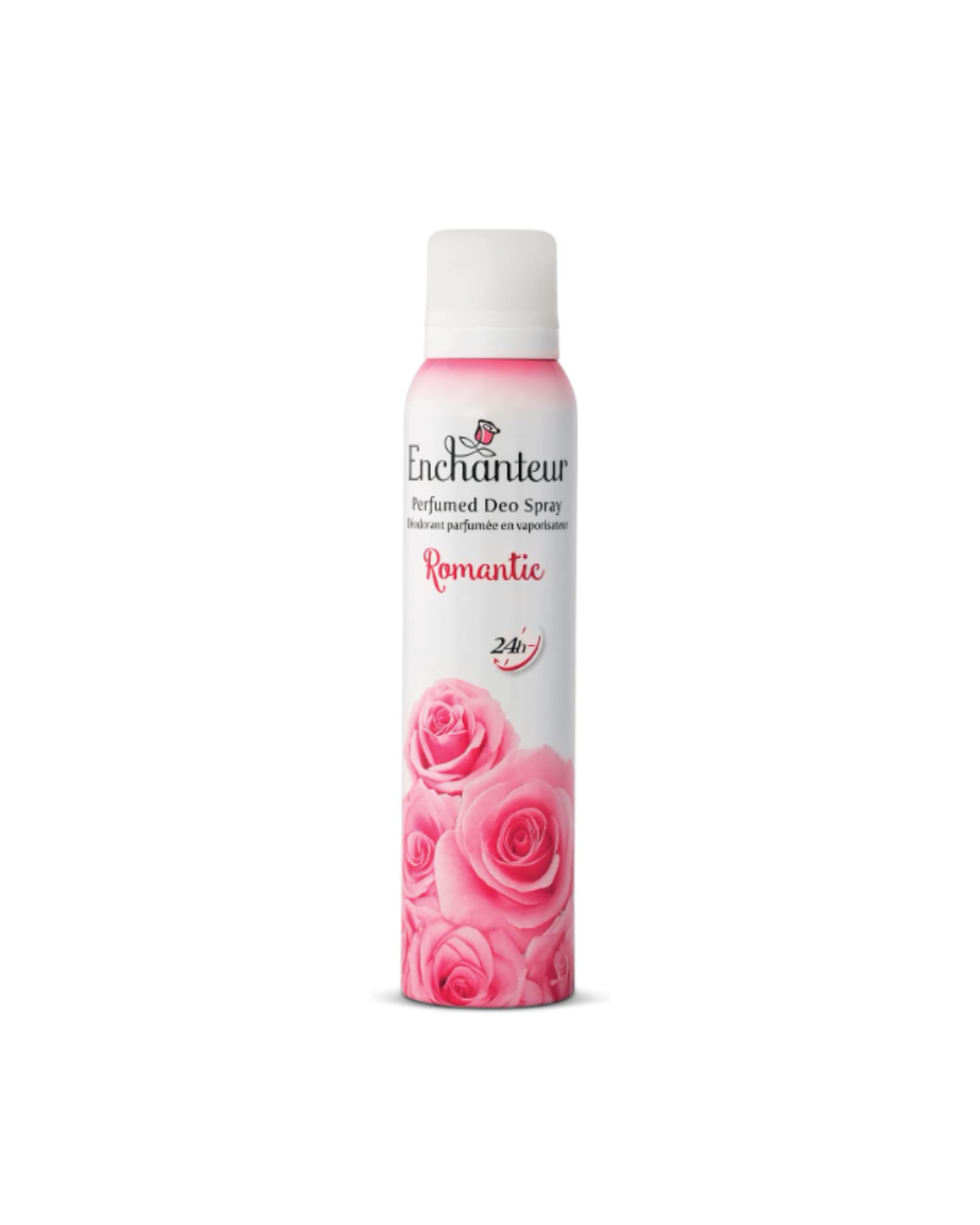 Deodorant spray bottle with pink roses and 'Euchanteur' branding on a white background
