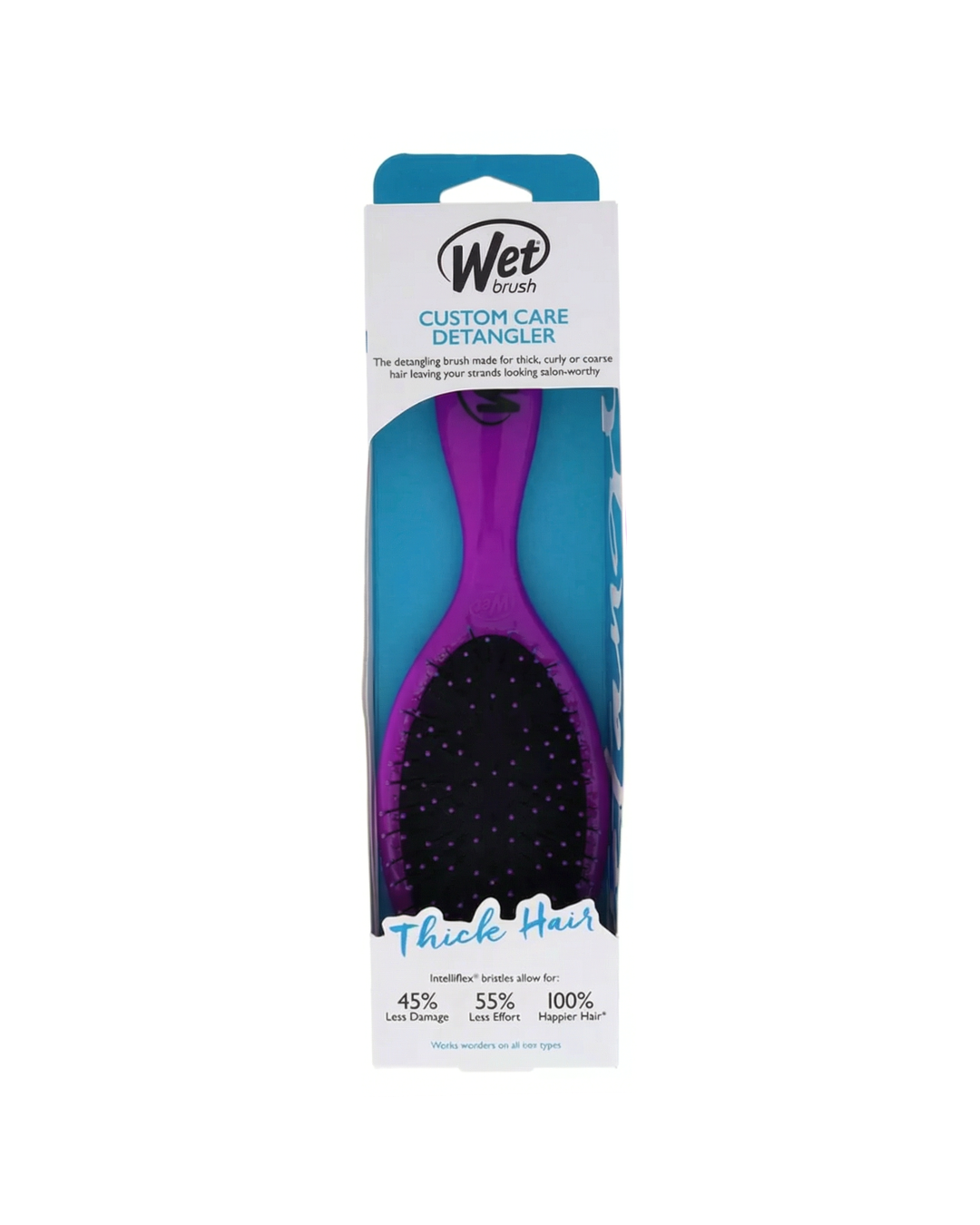 Purple hairbrush in packaging with 'Wet' branding on a white background