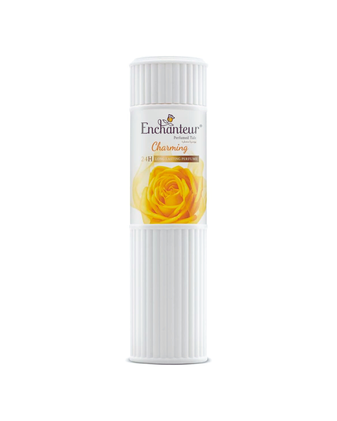 White bottle of Enchanteur talc powder with a yellow rose graphic on a white background