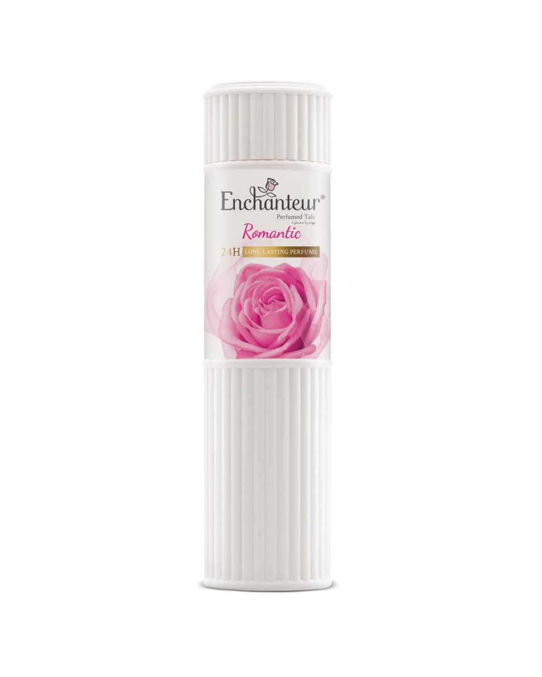 Enchanteur talc powder with pink rose design on a white background