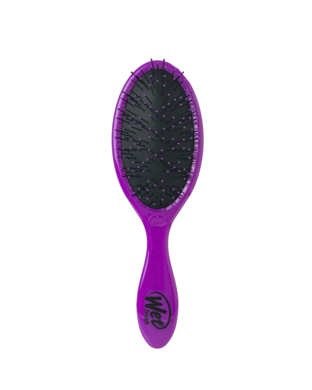 Purple hairbrush with black bristles on a white background