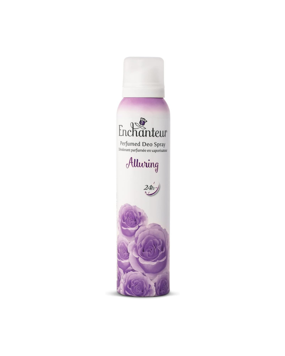 Enchanteur Alluring perfume deodorant spray bottle with purple floral design on a white background