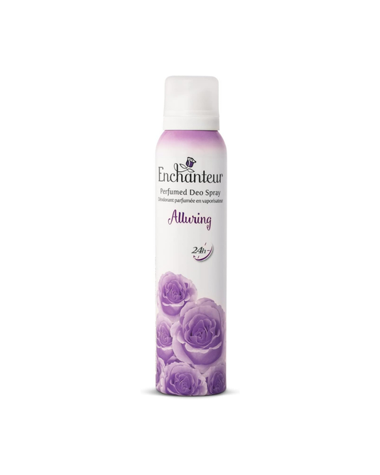 Enchanteur Alluring perfume deodorant spray bottle with purple floral design on a white background