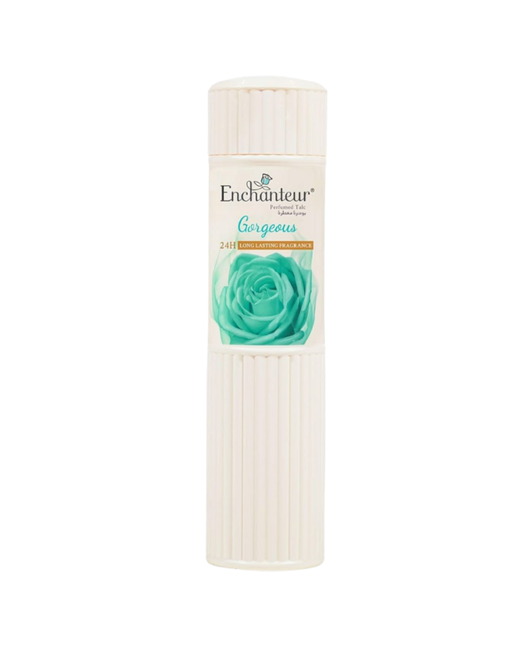 Enchanteur talc powder with a green rose design on a white background