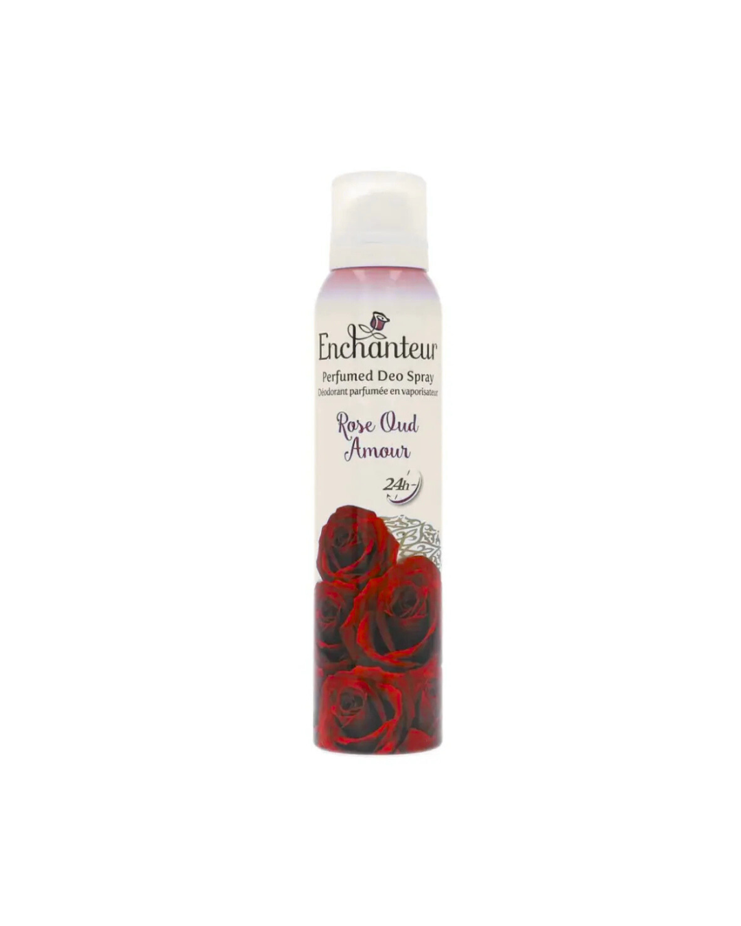 Enchanteur perfume deodorant spray bottle with red roses on a white background
