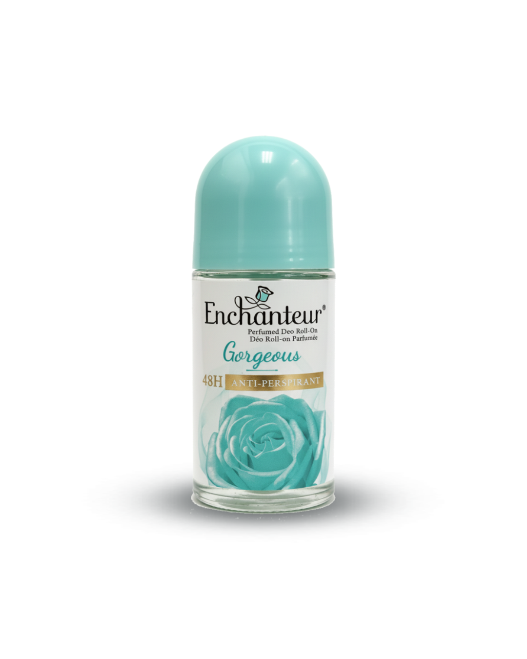 Enchanteur Roll-on perfume bottle with turquoise cap and label on a white background