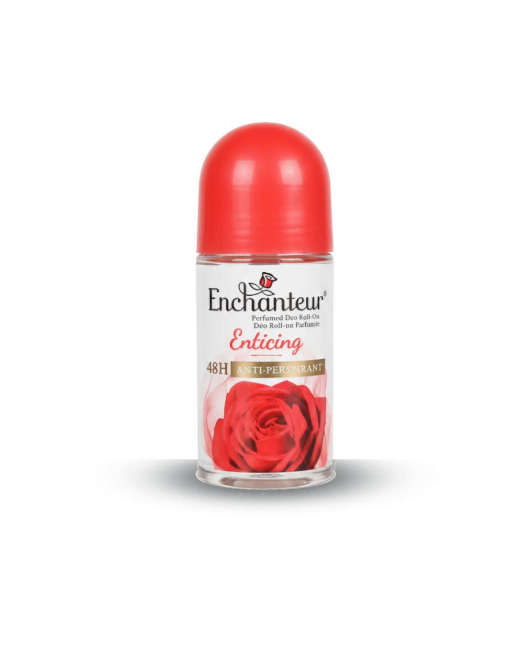 Enchanteur deodorant roll-on with red cap and rose design on a white background