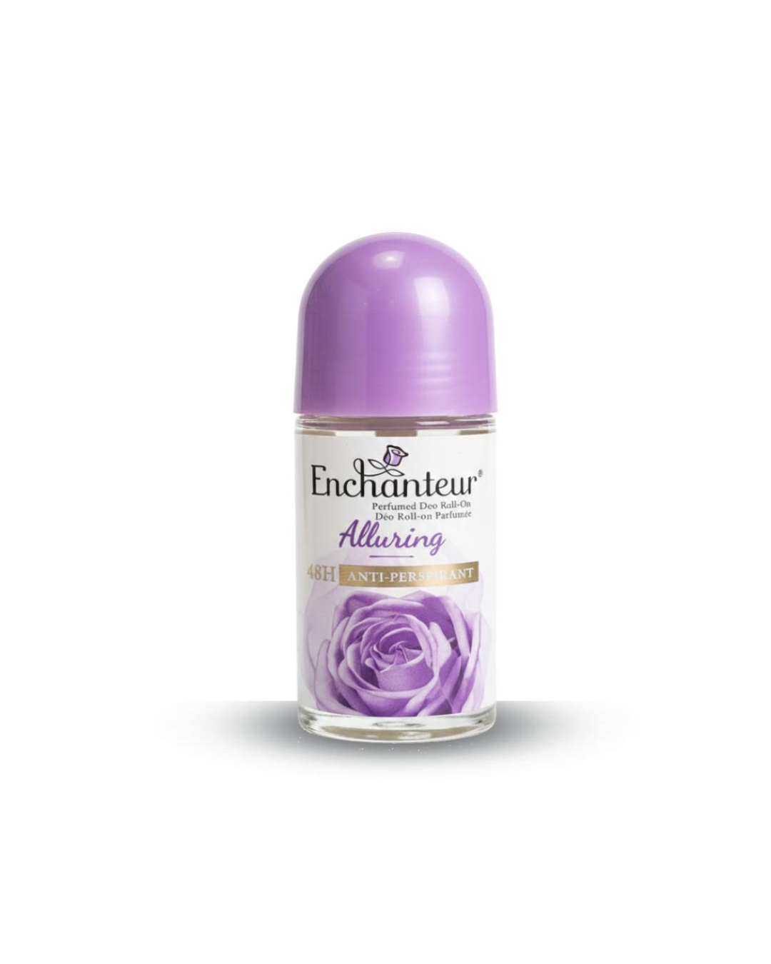 Enchanteur Roll-on deodorant bottle with purple cap and label on a white background