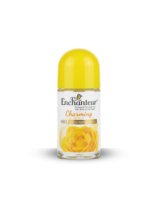 Enchanteur Roll-on deodorant with yellow cap and rose design on a white background