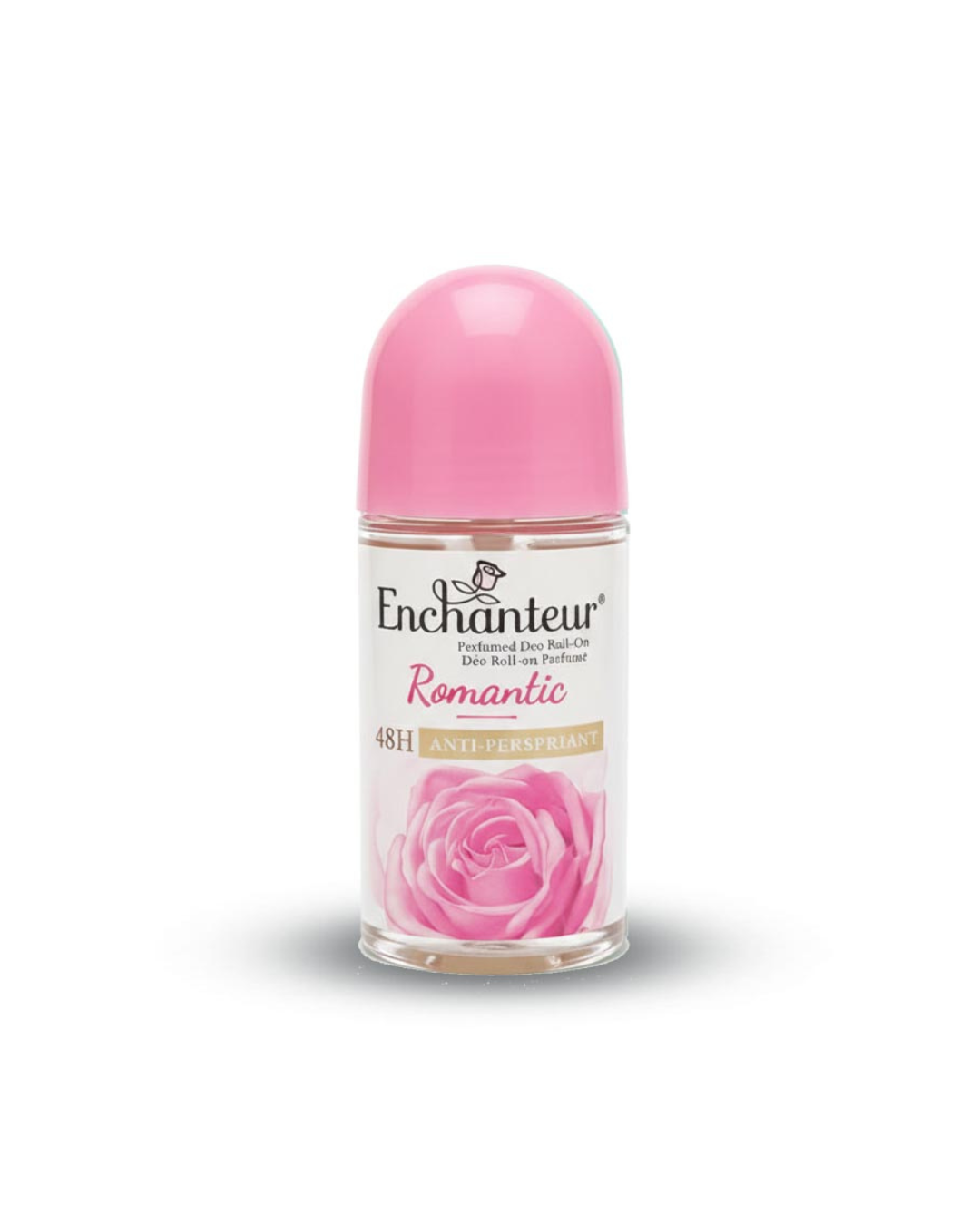 Enchanteur Roll-on deodorant with pink cap and rose design on a white background