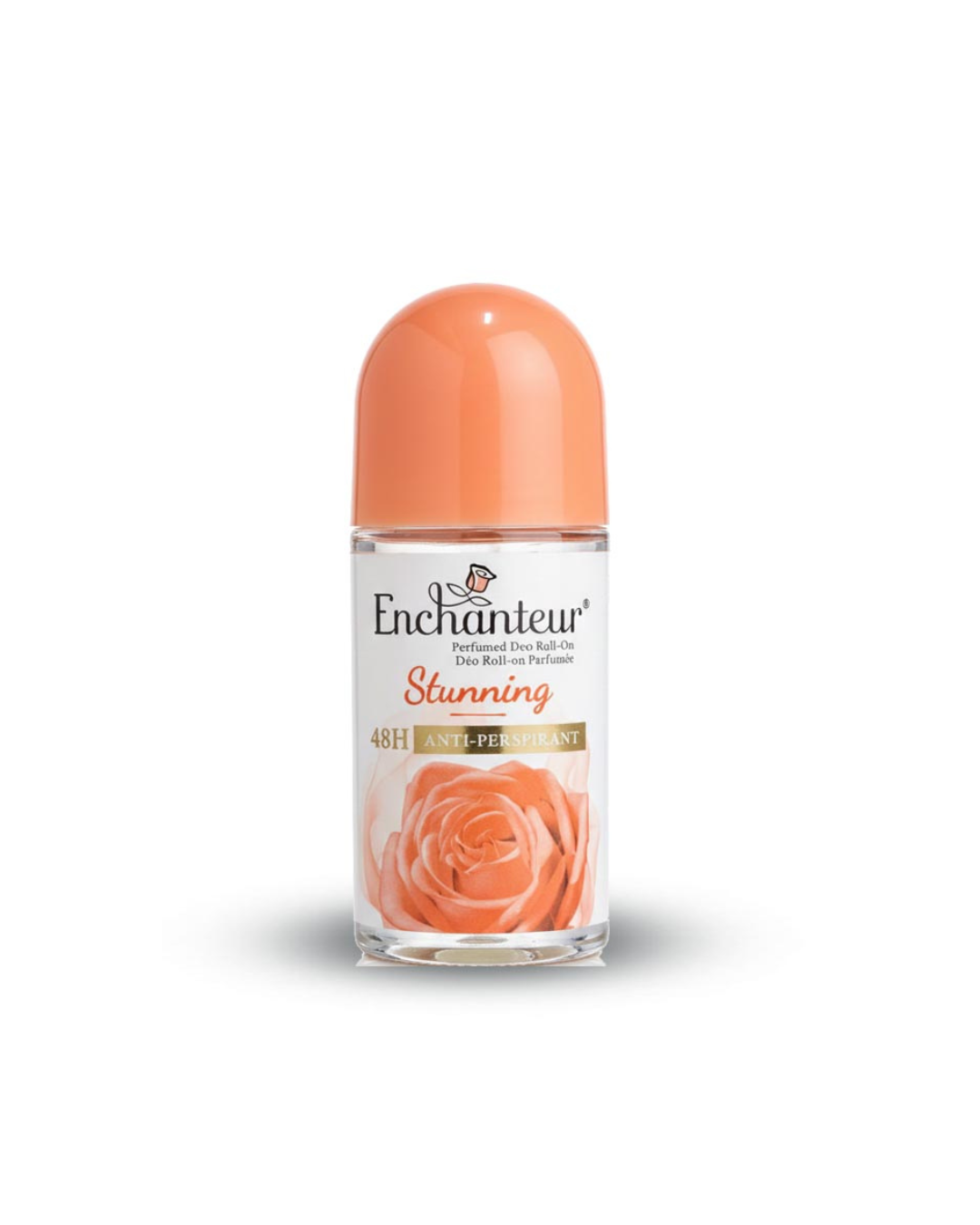 Enchanteur Roll-on perfume bottle with peach-colored cap and label on a white background