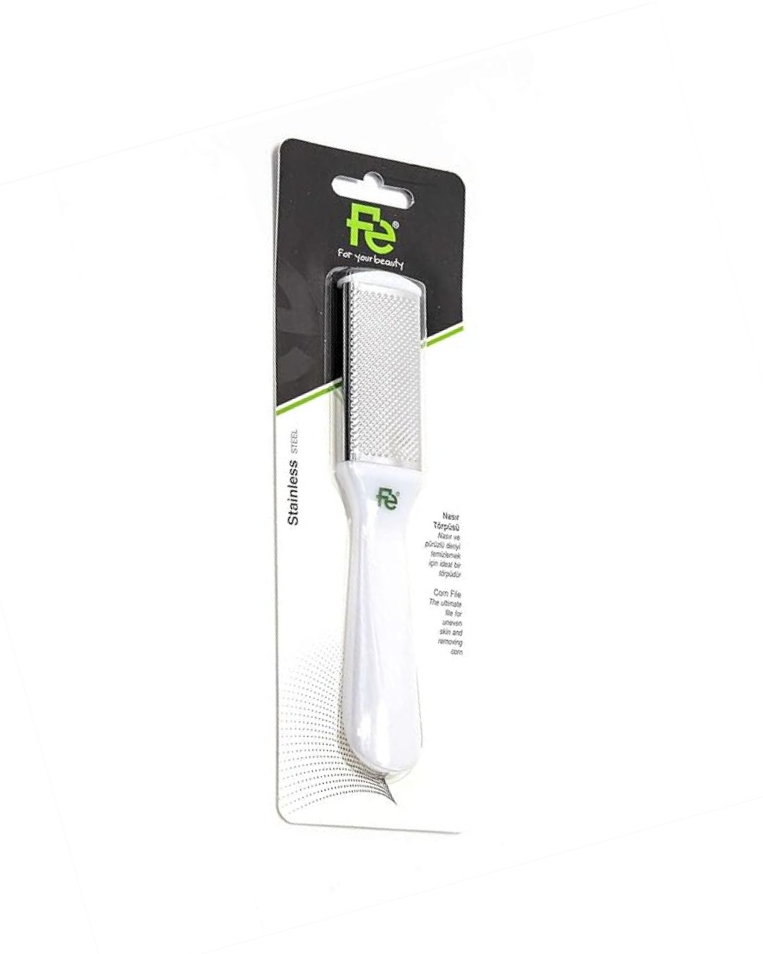 White fe foot file on a black and green packaging with 'PB' branding.