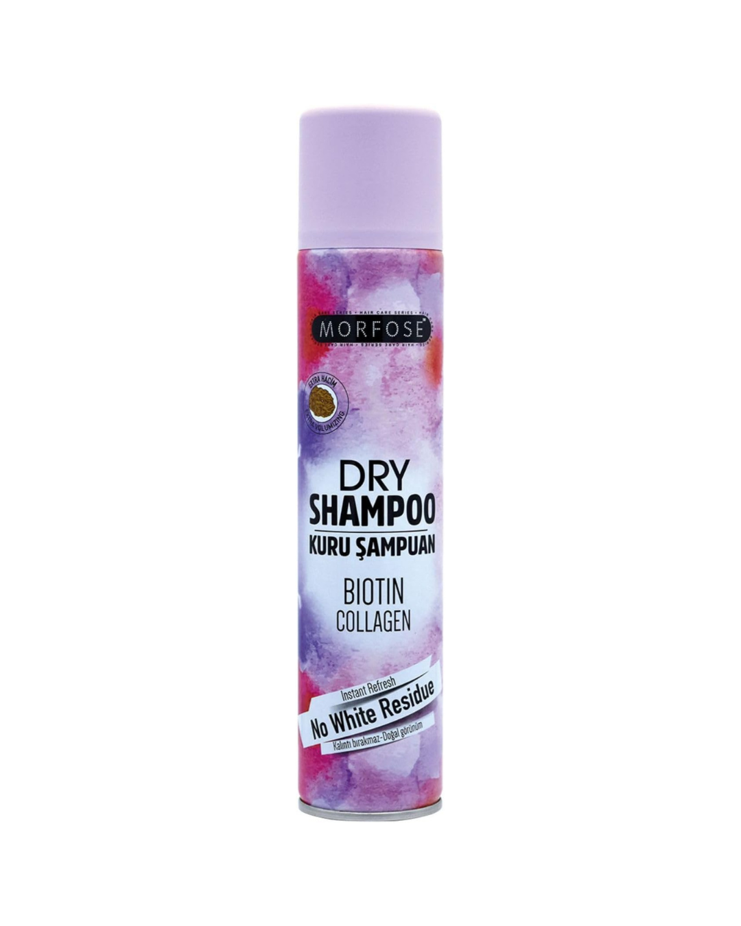 Can of Morfose dry shampoo with colorful label on a white background