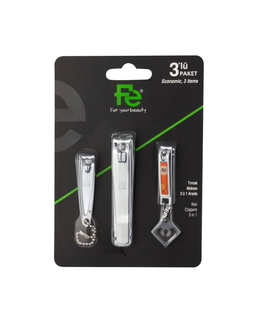 Packaging of nail clippers with Fe logo on a white background