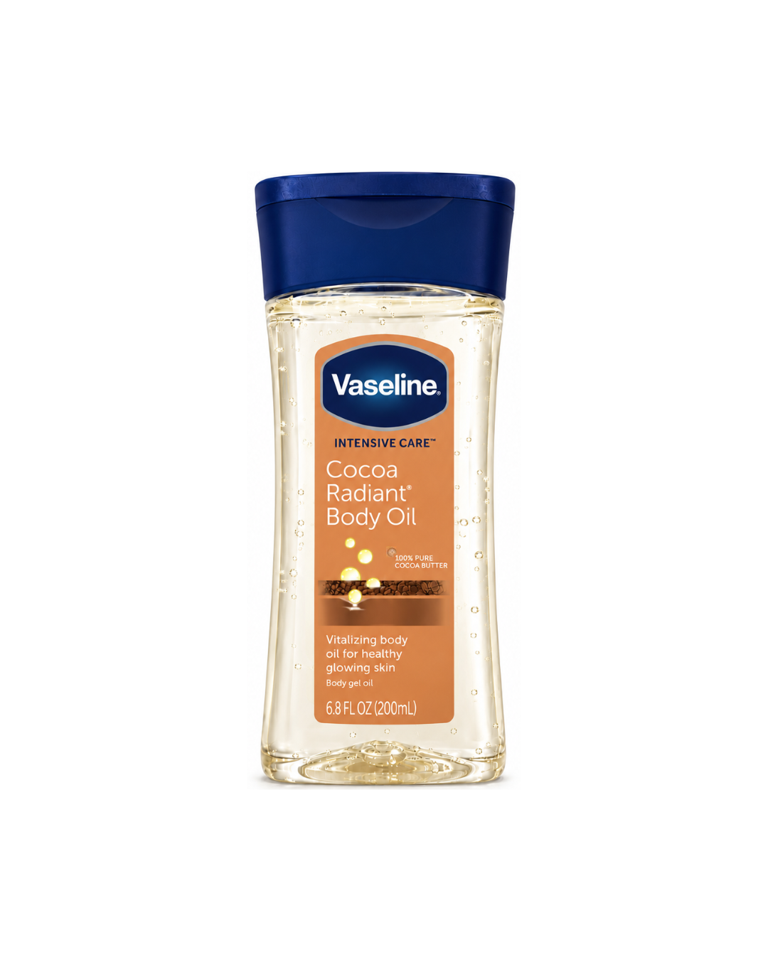 Vaseline Cocoa Radiant Body Oil bottle on a white background 