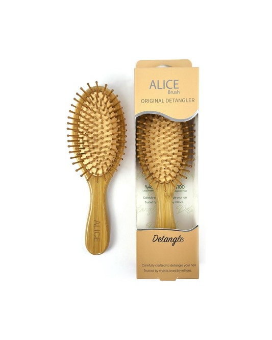 Wooden hairbrush with packaging labeled 'Alice' on a white background