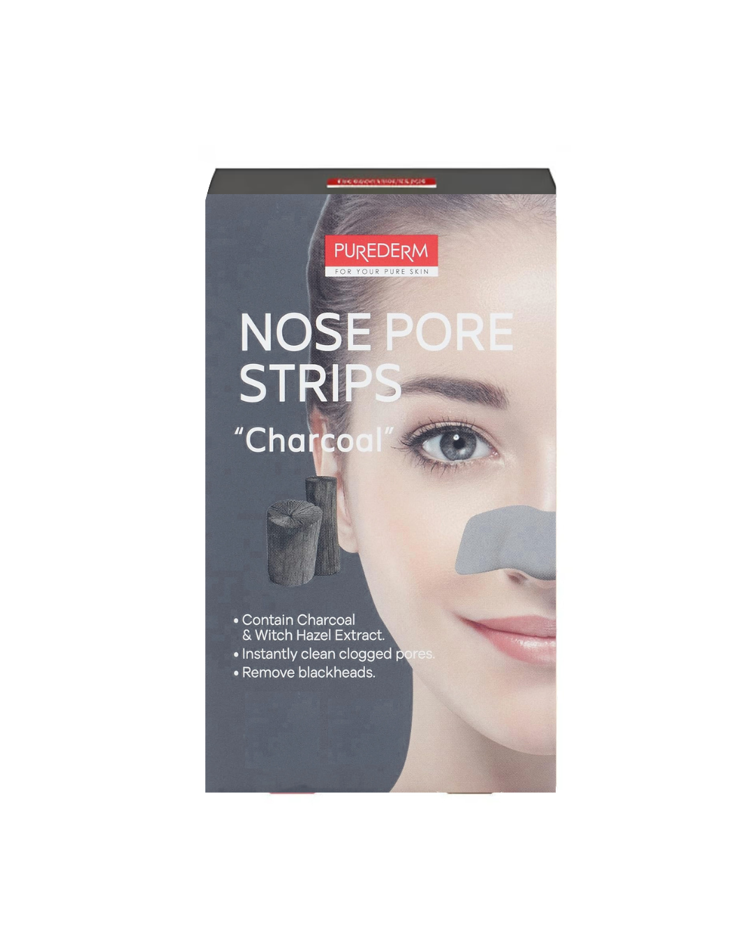 Box of Puriderm nose pore strips with a woman's face on the packaging.