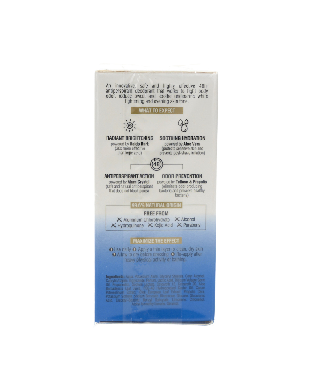 Product packaging with text and gradient design on a white background