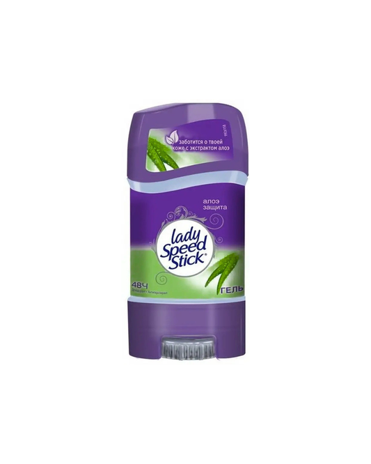 Purple and green deodorant stick labeled 'Lady Speed Stick' on a white background