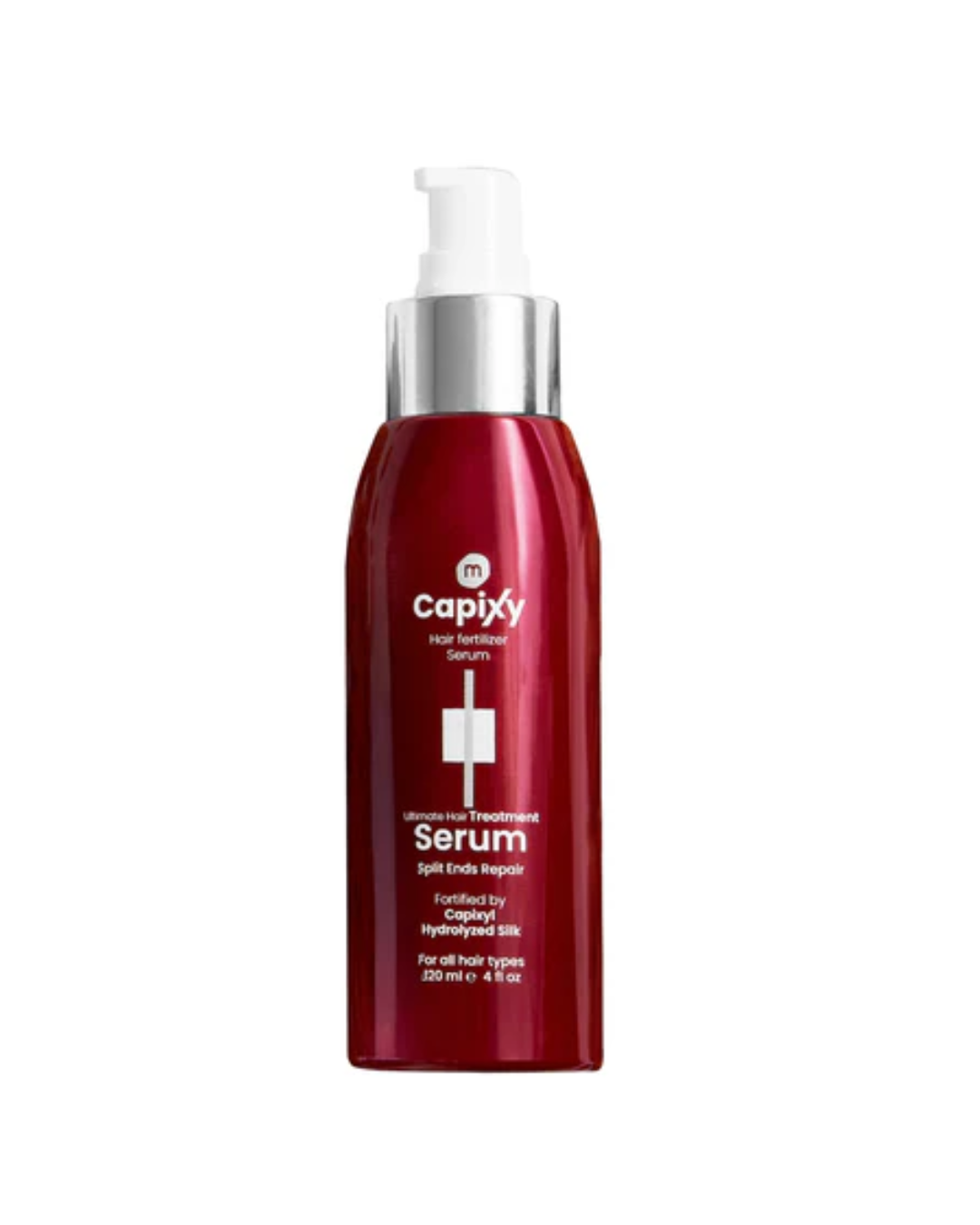 Red serum bottle with silver cap on a white background