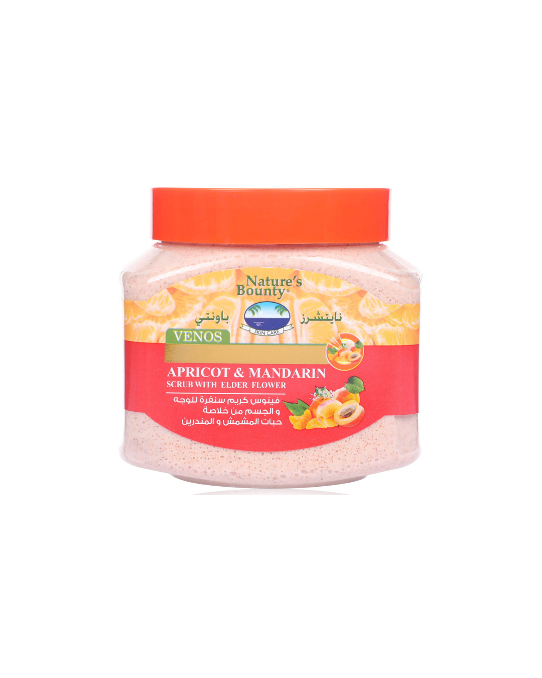 Jar of Nature's Bounty VENOS Apricot & Mandarin scrub with elder flower on a white background