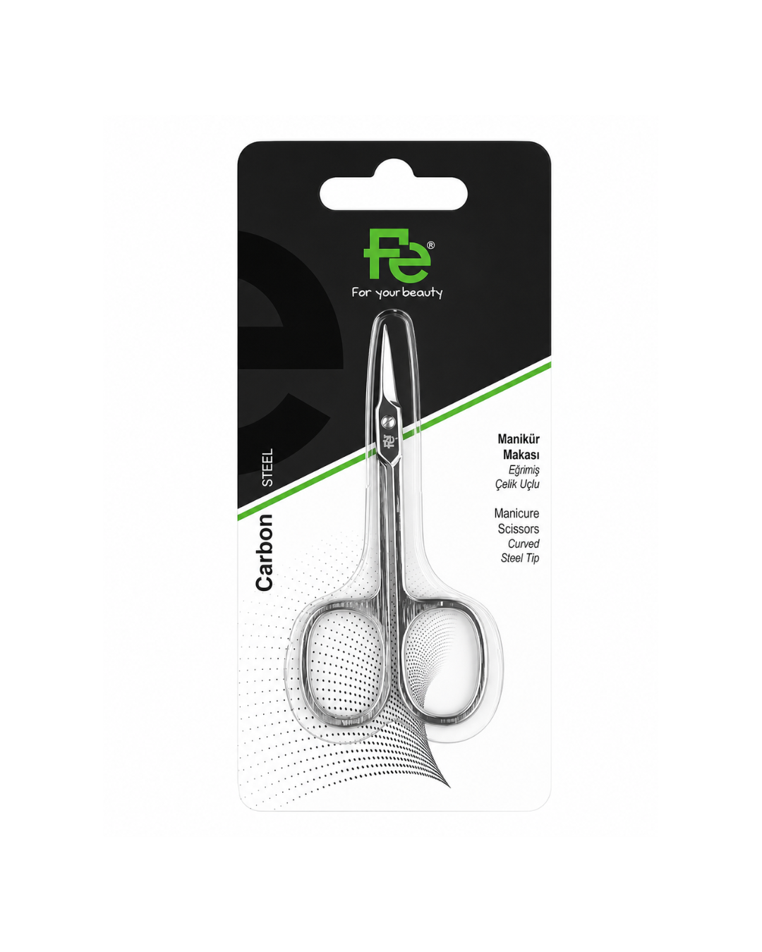Fe scissors packaging on white background 