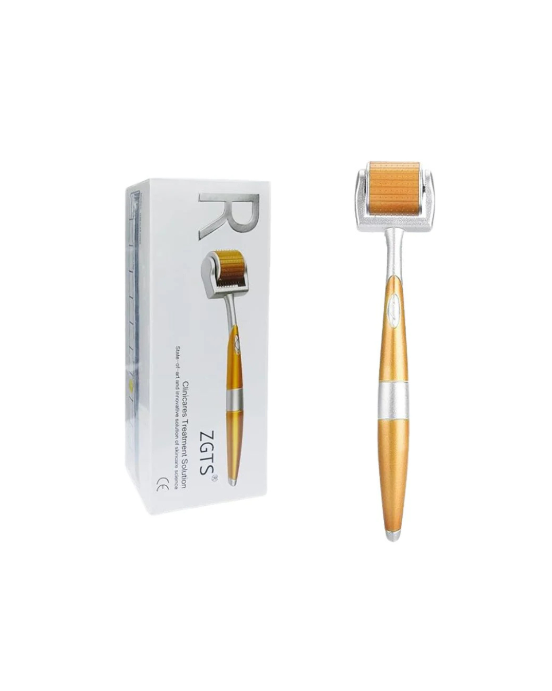 Gold and silver derma roller with packaging on a white background