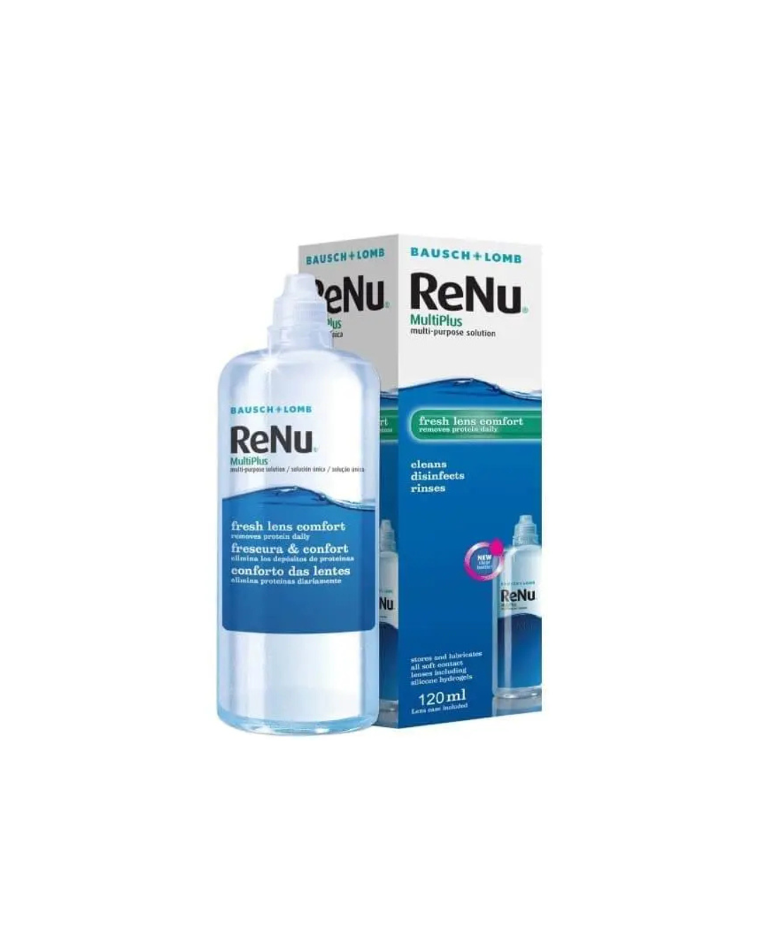 ReNu contact lens solution bottle and packaging on a white background