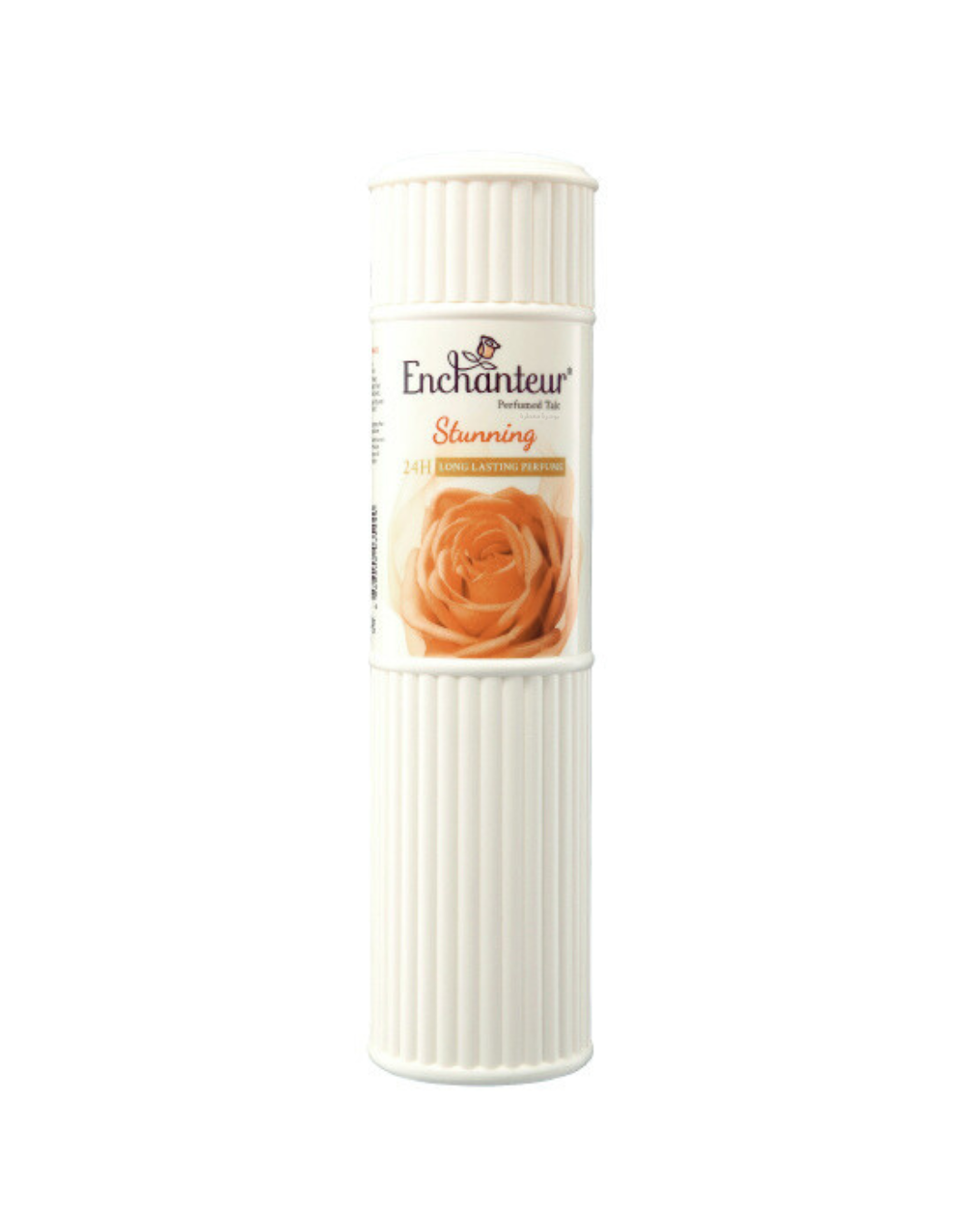 White cylindrical container with 'Enchanteur' branding and a rose design on a white background